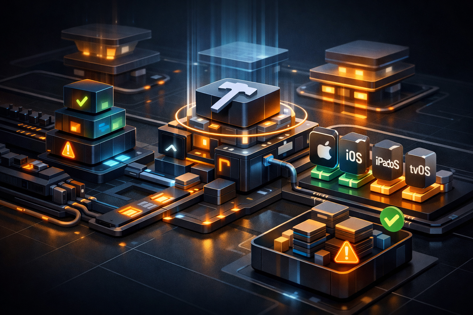 Editorial abstract cover for App Store Connect Minimum SDK Requirements Update, showing a app-store and sdk-update update as connected infrastructure signals