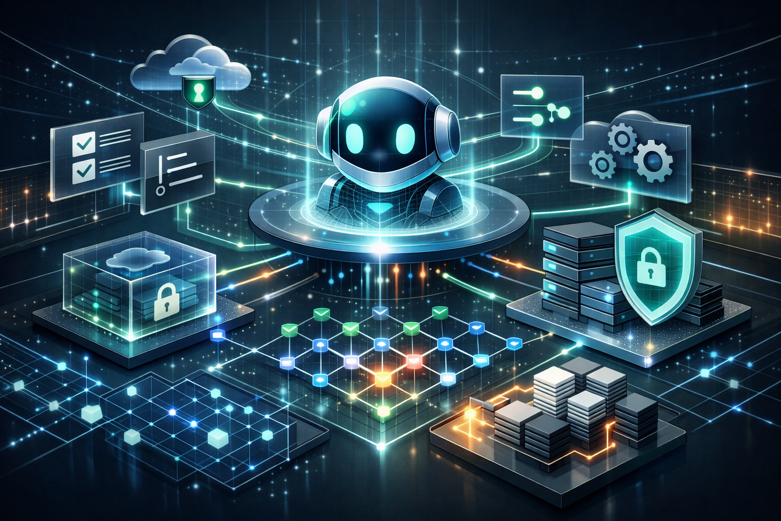 Editorial abstract cover for GitHub Copilot App: Evaluating the Agent-Native Desktop Experience, showing a github and copilot update as connected infrastructure signals
