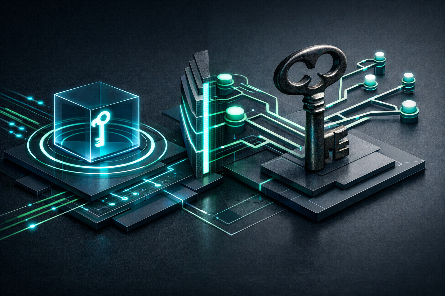 A small glowing key inside a boundary sits beside a larger key connected to multiple paths.