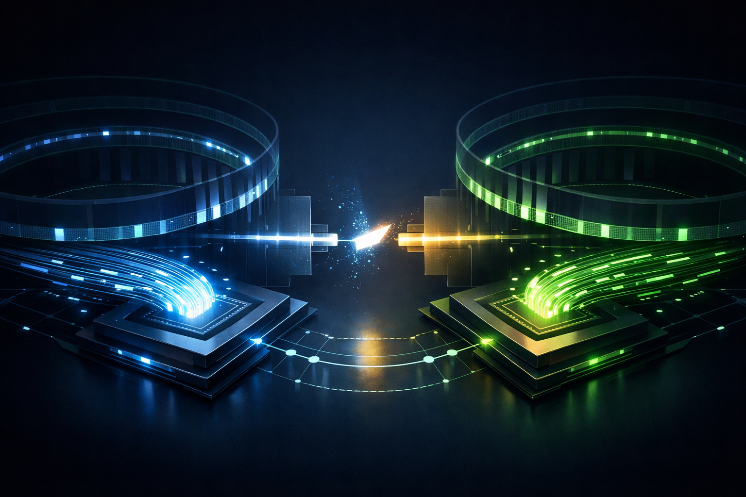 Two glowing data streams meet across a broken boundary between abstract processors.