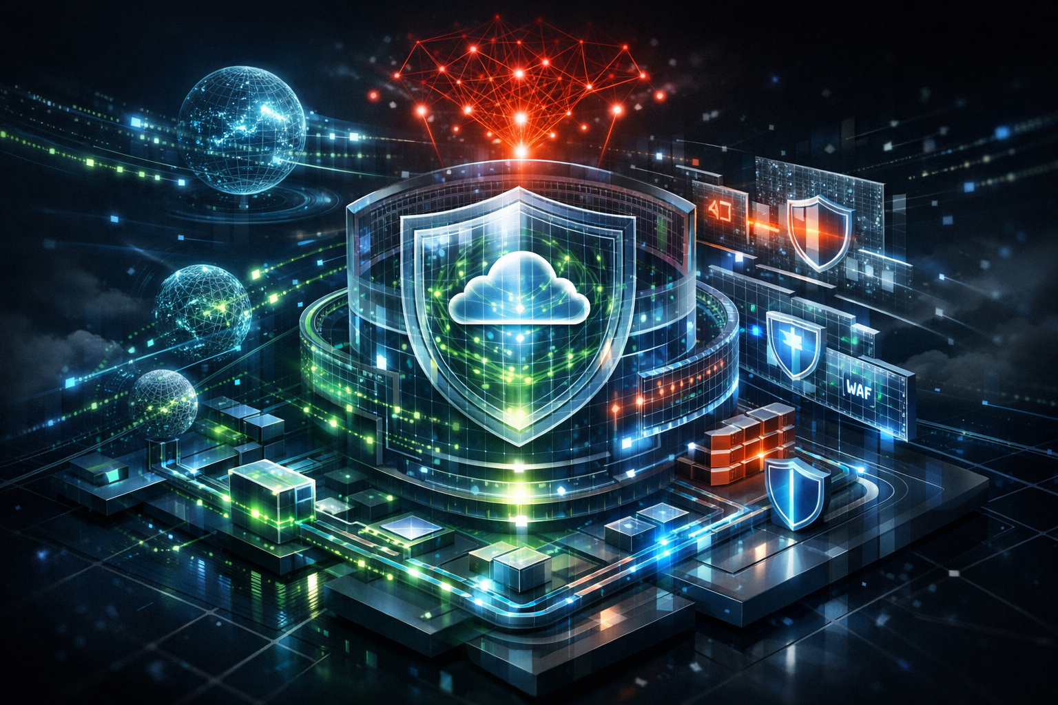 Editorial abstract cover for Security Architecture for the AI Threat Era, showing a cloudflare and cybersecurity update as connected infrastructure signals