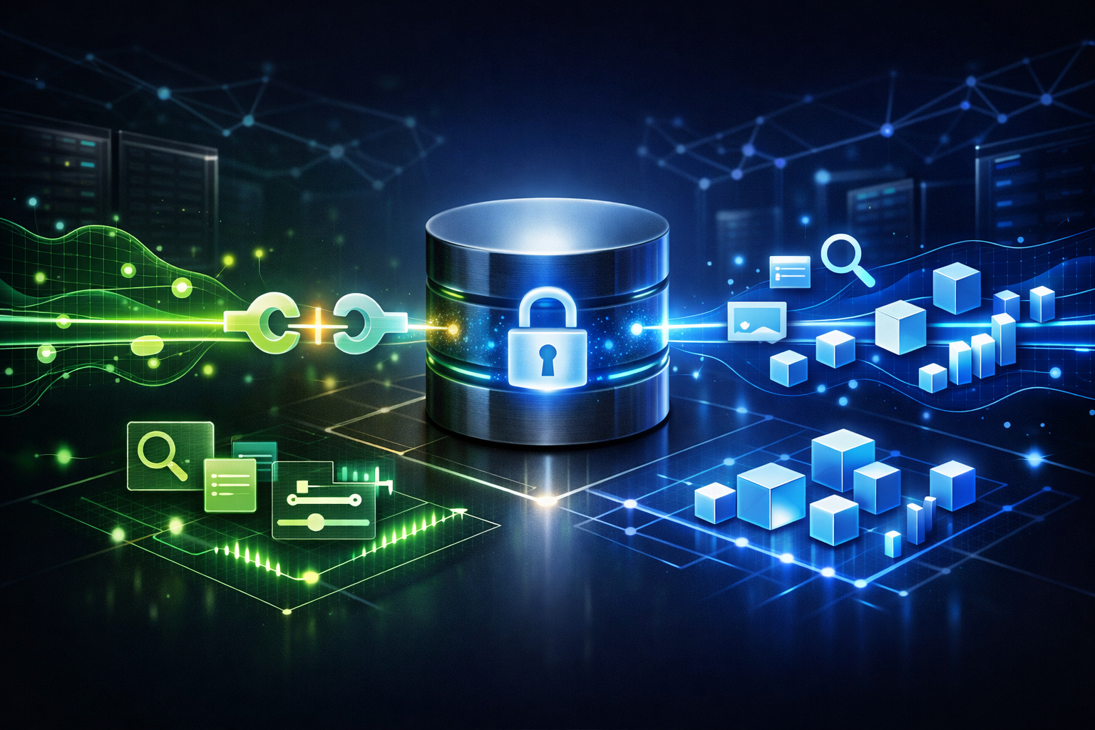 Editorial abstract cover for Searchable Encryption Enhances Data Sovereignty in Application Stack, showing a encryption and data-sovereignty update as connected infrastructure signals