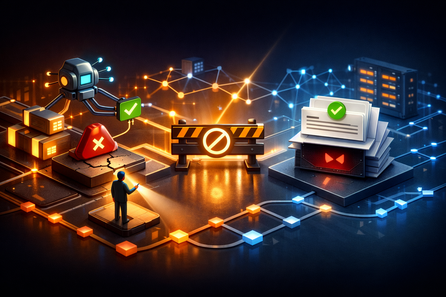 Editorial abstract cover for Agent Workflows Need Independent Acceptance Checks, showing a coding-agents and verification update as connected infrastructure signals
