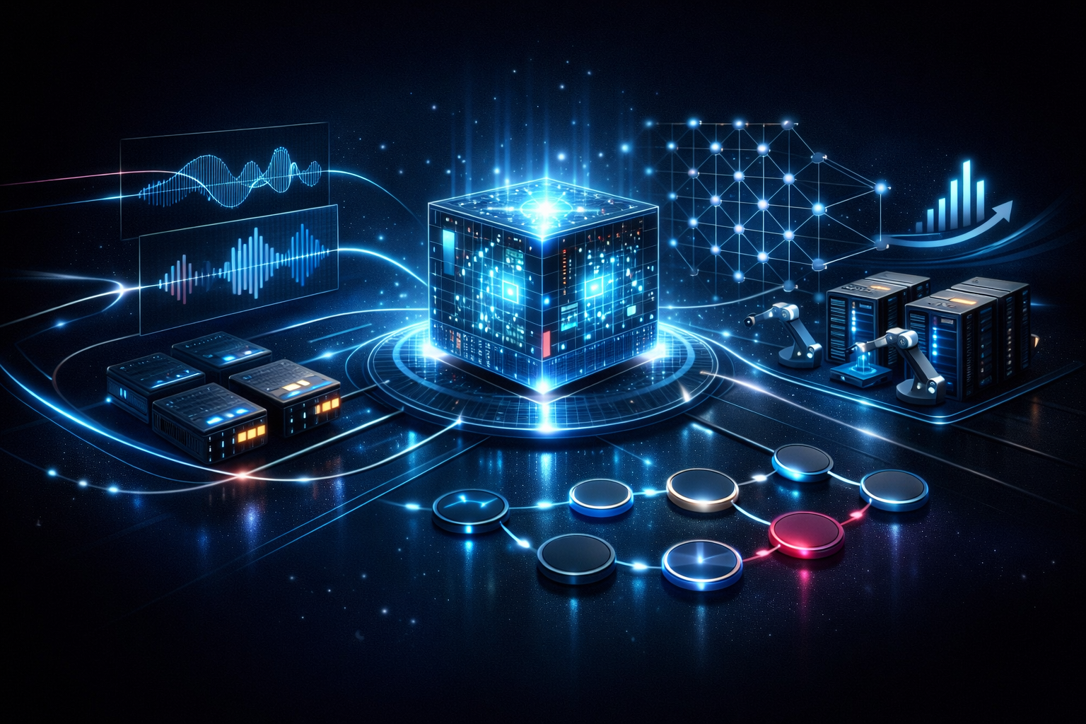 Editorial abstract cover for Agentic AI Progresses Towards Governed Infrastructure, showing a agentic-ai and governed-autonomy update as connected infrastructure signals