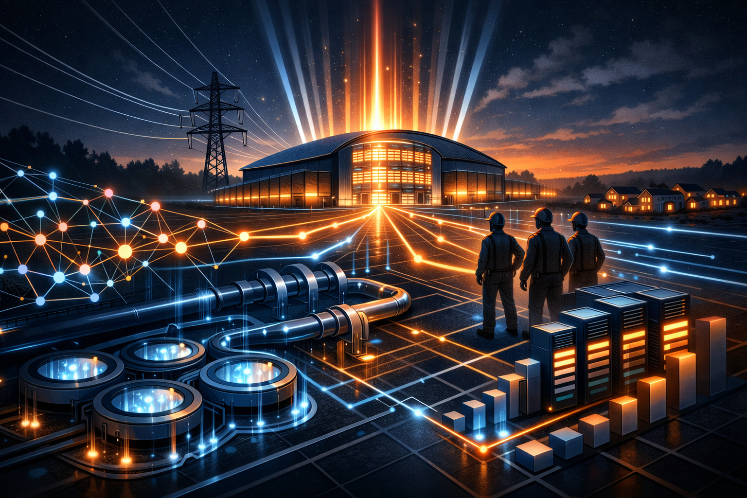 Editorial abstract cover for OpenAI's Michigan Data Center: A New Era in AI Infrastructure, showing a openai and data-center update as connected infrastructure signals