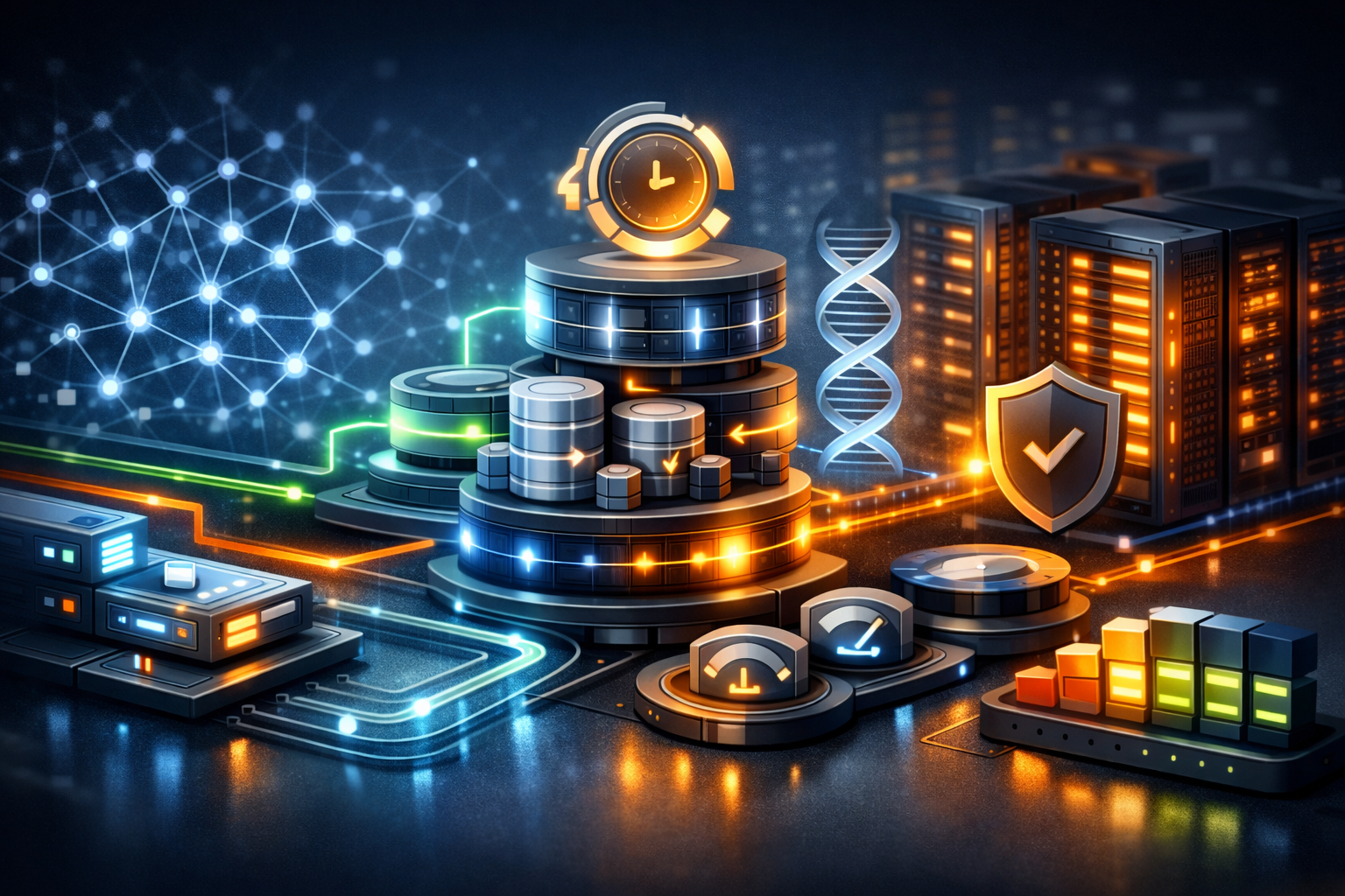 Editorial abstract cover for The AI Stack's Shift Towards Specialization and Operational Efficiency, showing a api and postgres update as connected infrastructure signals