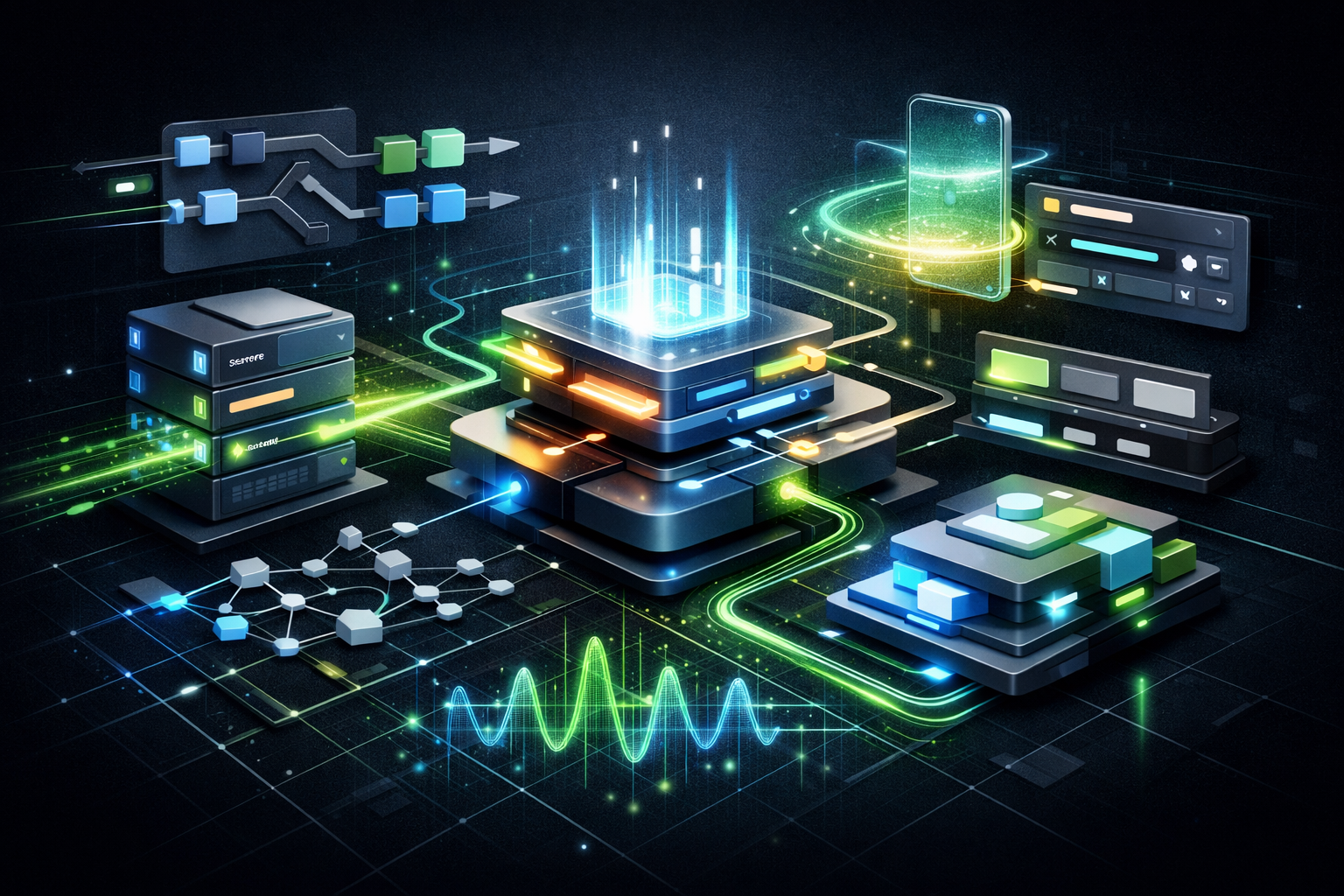 Editorial abstract cover for Expo Continues Building a More Integrated Mobile Development Platform, showing a expo and react-navigation update as connected infrastructure signals