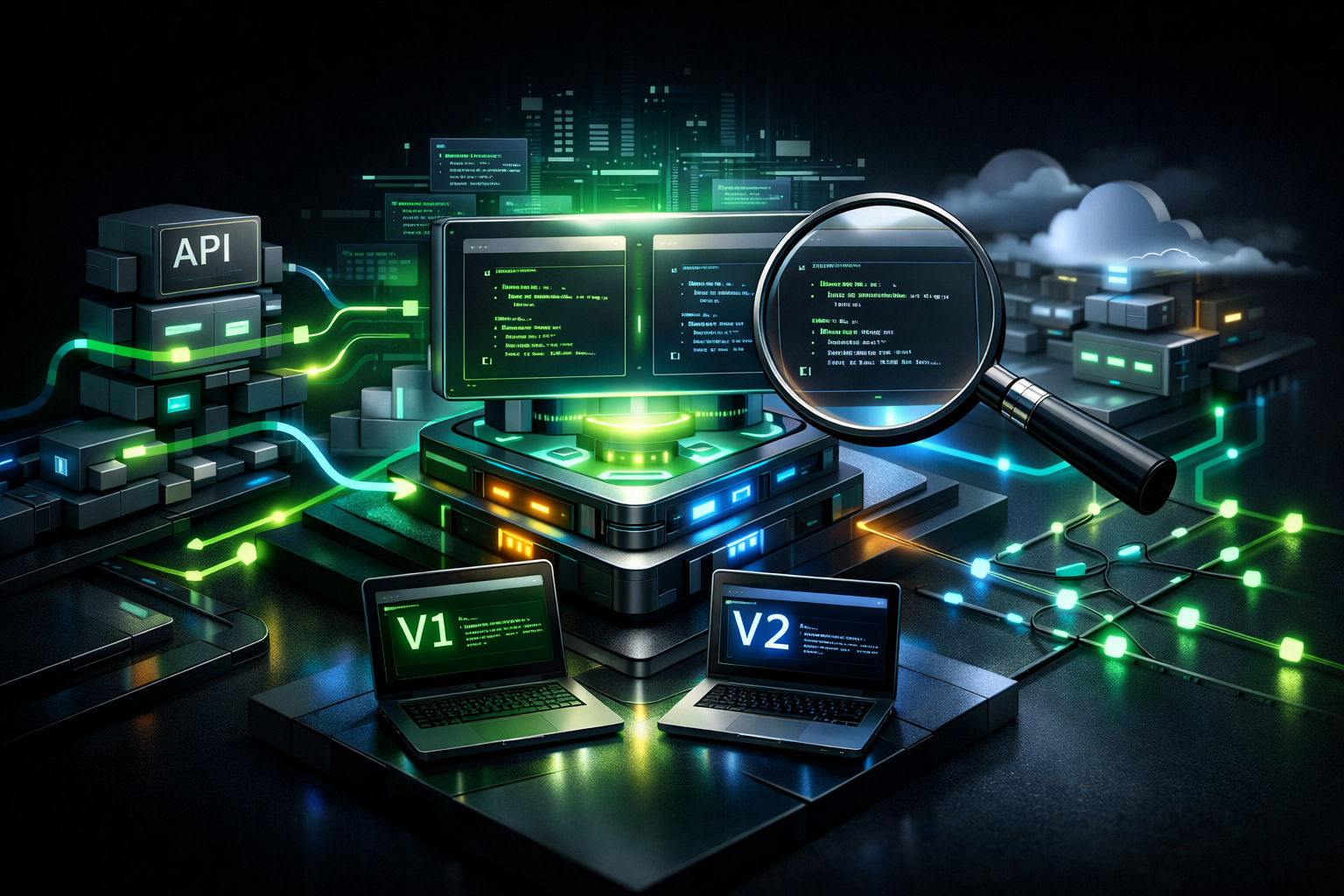 Abstract illustration of connected server blocks, comparison screens and a magnifying glass representing review of generated API tools.