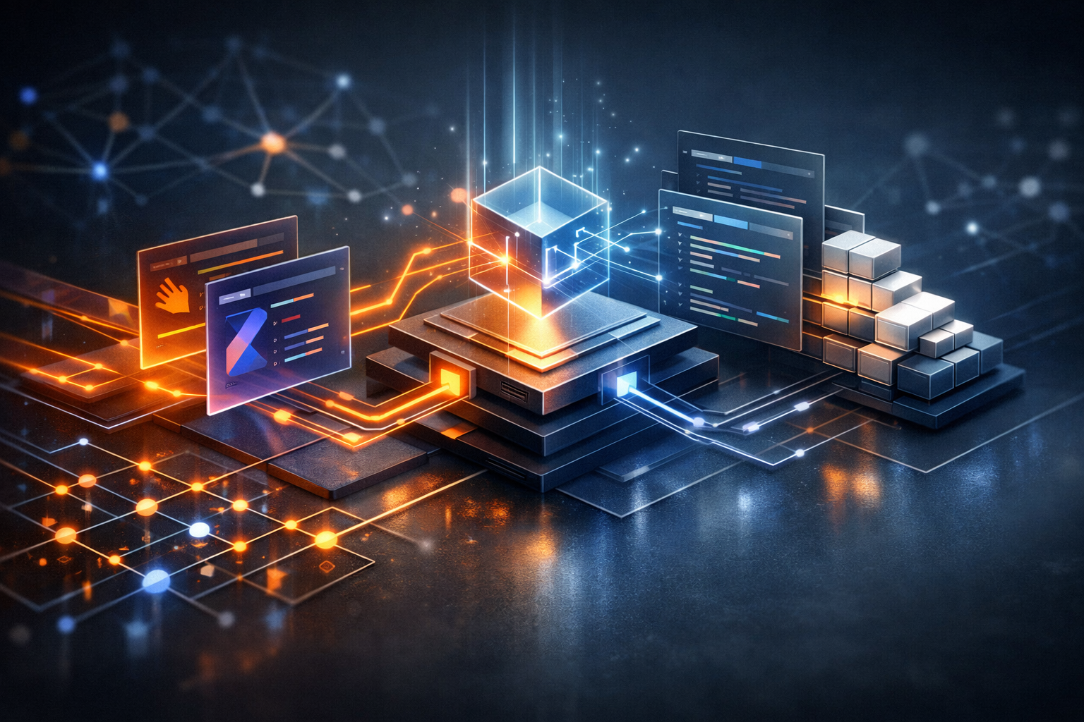 Editorial abstract cover for Native code in Expo SDK 56: inline modules and type generation, showing a expo-sdk and native-modules update as connected infrastructure signals