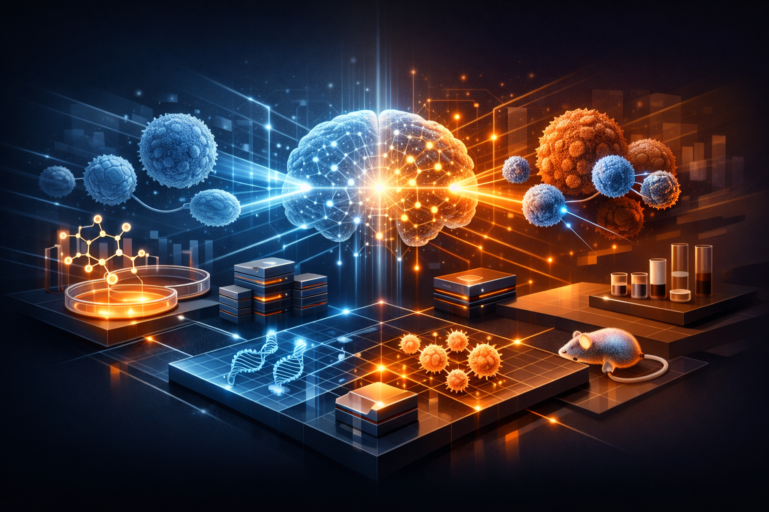 Editorial abstract cover for AI Is Crossing From Knowledge Work Into Operational Work, showing a ai and immunology update as connected infrastructure signals