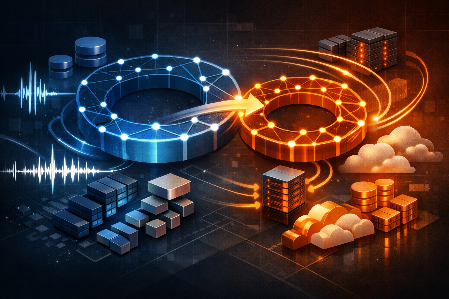 Abstract illustration of a large blue routing ring transitioning to a smaller orange ring, with server stacks and connected traffic paths.