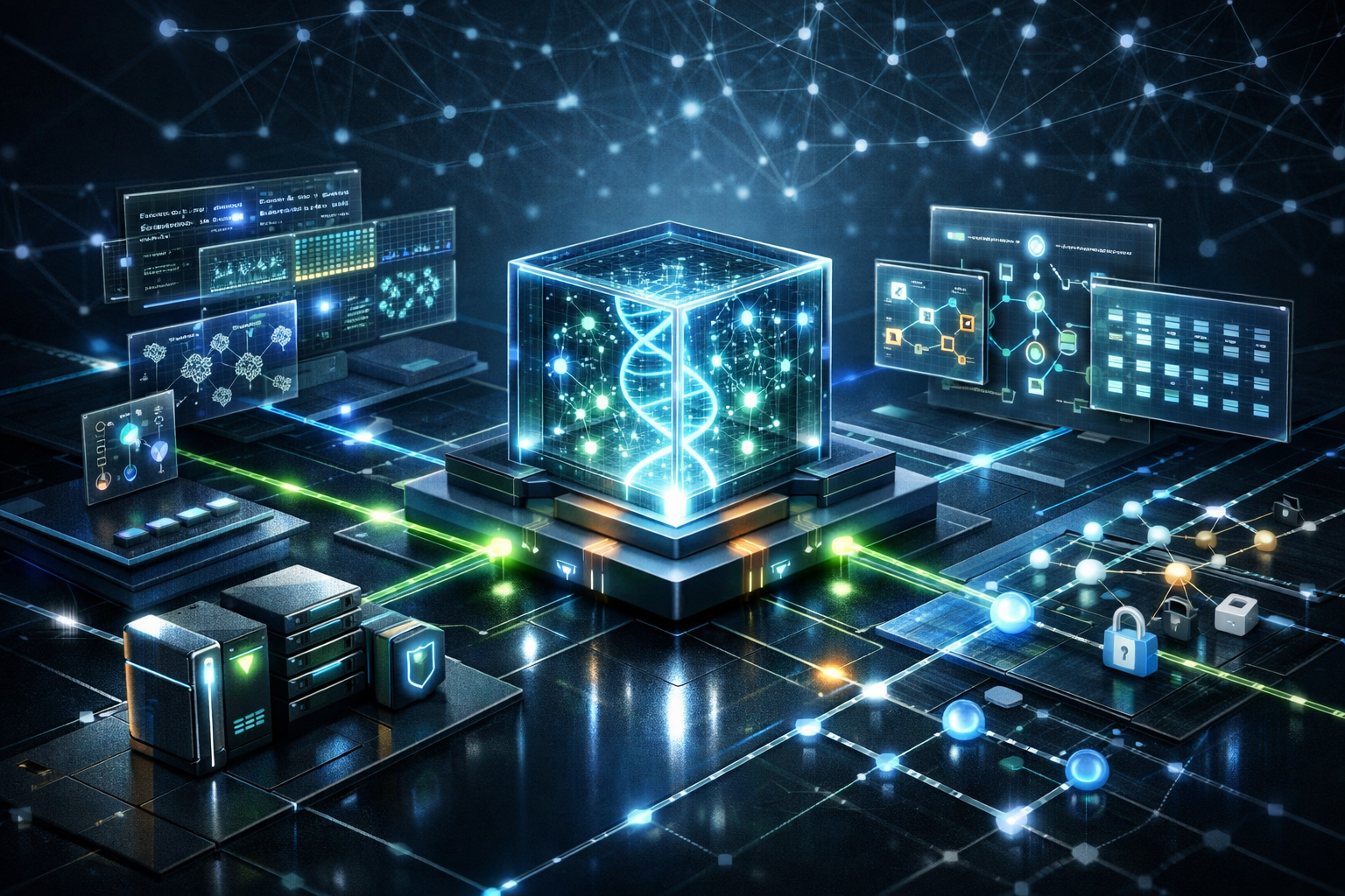 Editorial abstract cover for Introducing GeneBench-Pro: A Benchmark for AI in Computational Biology, showing a ai and benchmark update as connected infrastructure signals