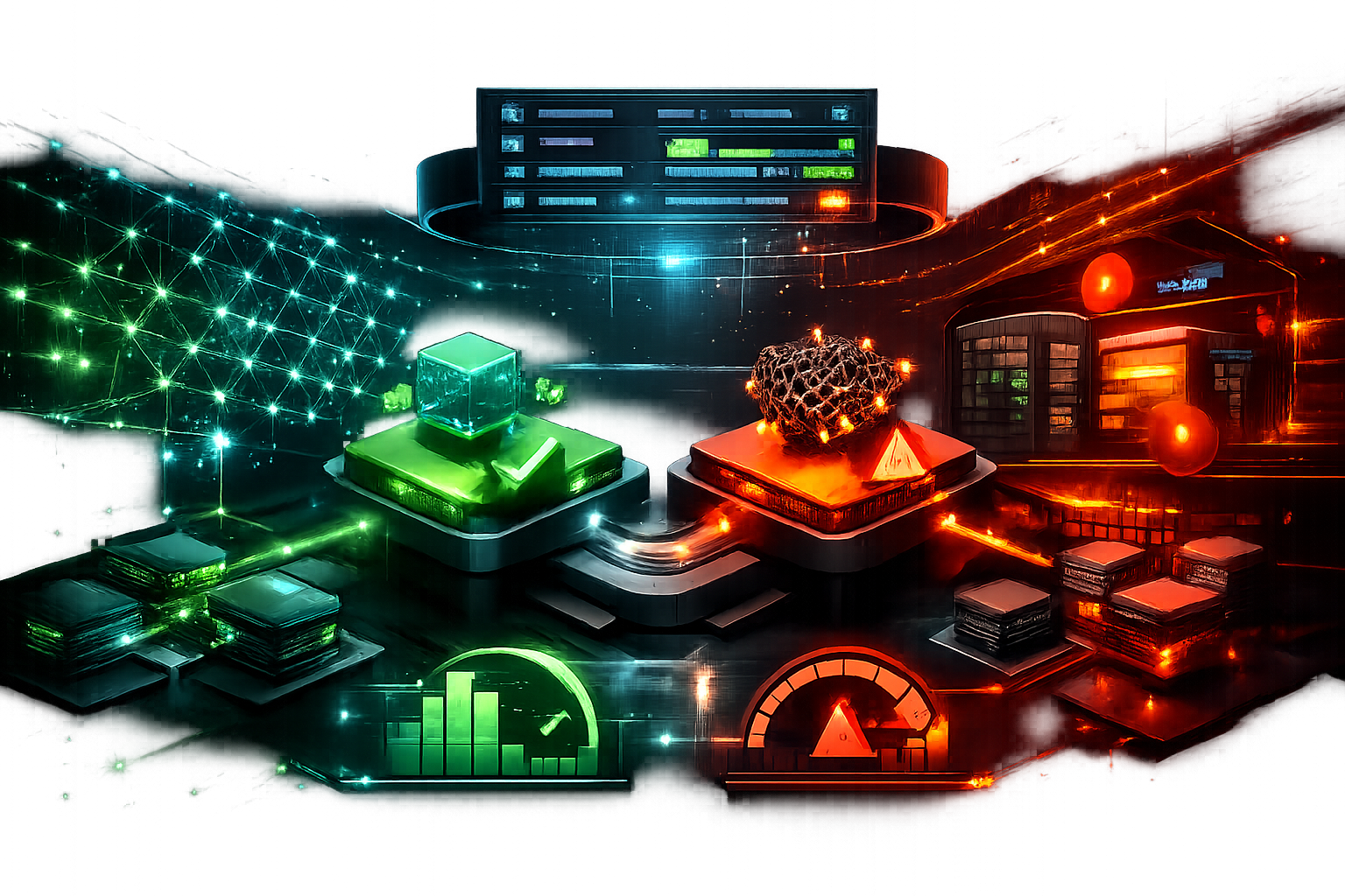 Abstract illustration of a balance between green efficiency indicators and red warning signals, representing the need to check quality alongside agent cost savings.