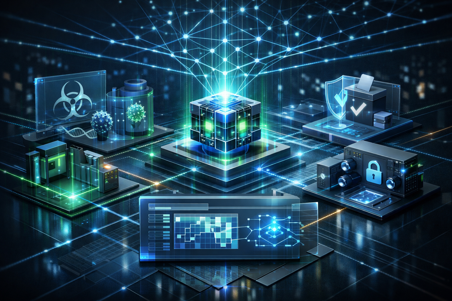 Editorial abstract cover for OpenAI Expands Governance Around Frontier Model Deployment, showing a ai and biodefense update as connected infrastructure signals