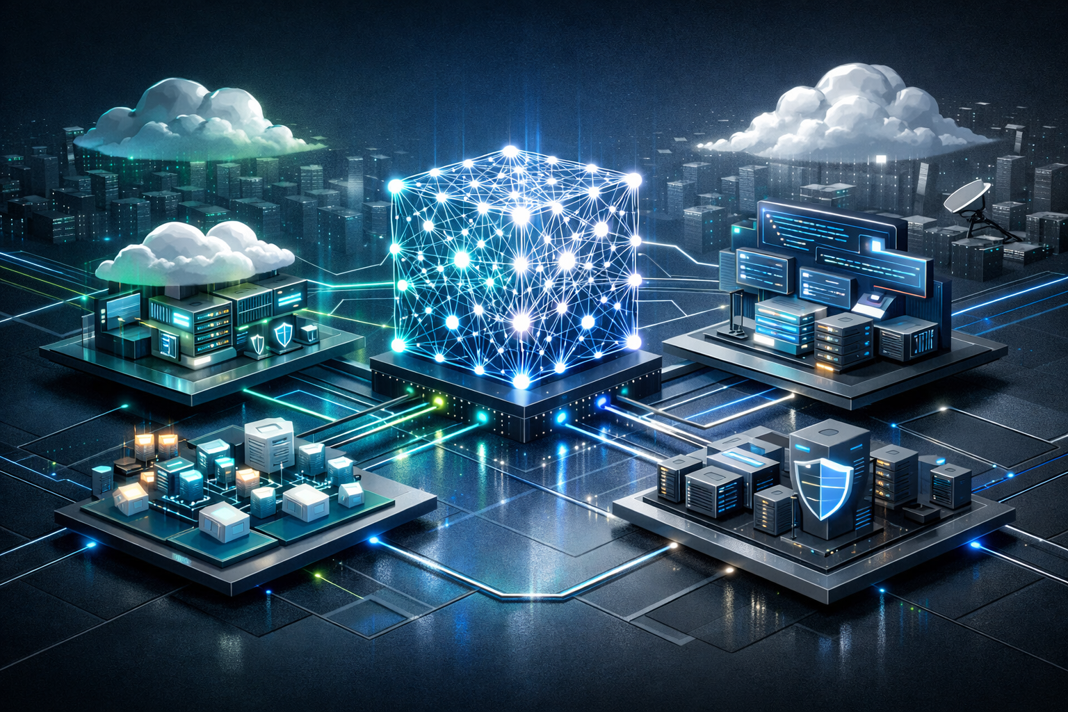 Editorial abstract cover for OpenAI Frontier Models and Codex Now Available on AWS, showing a openai and aws update as connected infrastructure signals